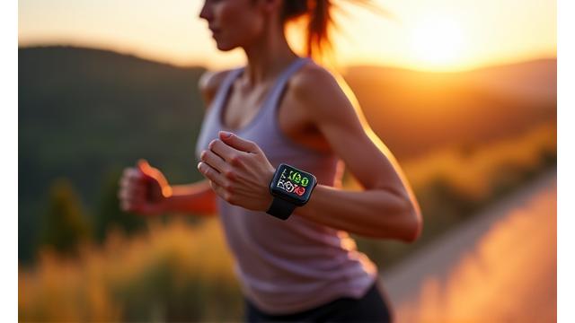 Ilustrace: Osoba běhající s Apple Watch a sportovní grafikou