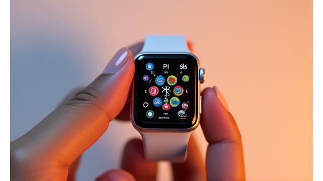 Ilustrace: Apple Watch na zápěstí s ikonami aplikací